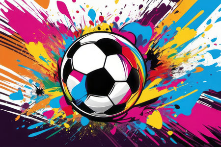 soccer ball on colorful splashes created with generative AI software.の素材