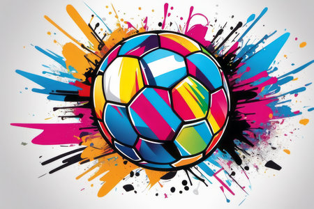 soccer ball on colorful splashes created with generative AI software.の素材