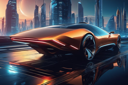 car on the road on big city created with generative AI software.の素材