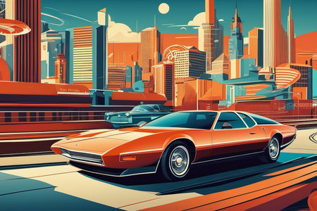 car on the road on big city created with generative AI software.の素材