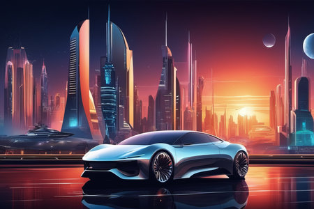 car on the road on big city created with generative AI software.の素材
