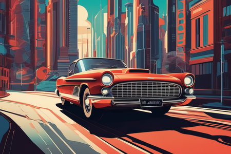 car on the road on big city created with generative AI software.の素材