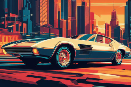 car on the road on big city created with generative AI software.の素材