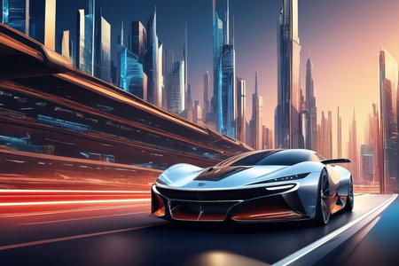 car on the road on big city created with generative AI software.の素材