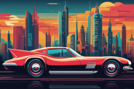 car on the road on big city created with generative AI software.の素材