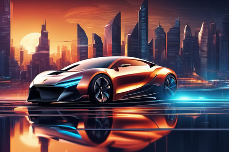 car on the road on big city created with generative AI software.の素材