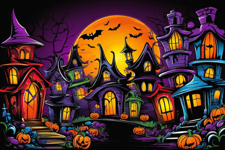 halloween pumpkin with bats created with generative AI software.の素材