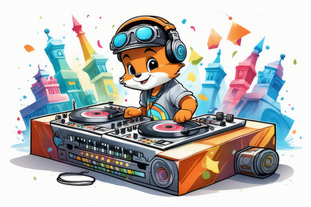 dj in headphones cartoon illustration created with generative AI softwareの素材