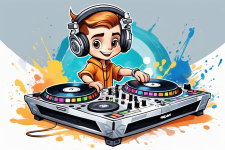 dj in headphones cartoon illustration created with generative AI softwareの素材