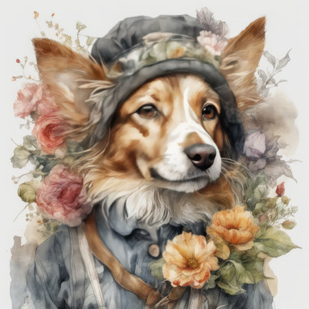dog illustration and flowers created with generative AI softwareの素材