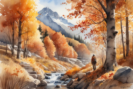 autumn landscape against the background of the river mountains morning in the forest Created using generative AI toolsの素材