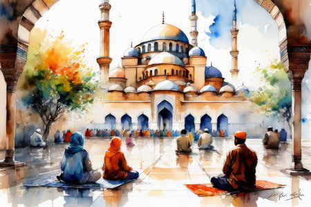 mosque with praying people islamic holiday created with generative AI software.の素材