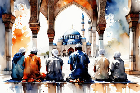 mosque with praying people islamic holiday created with generative AI software.の素材