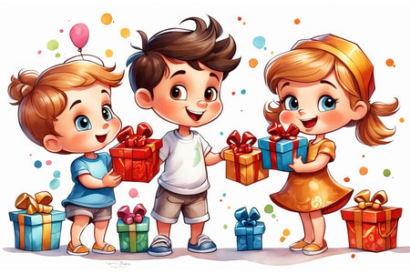 children with gifts color cartoon illustration generative AI software.の素材