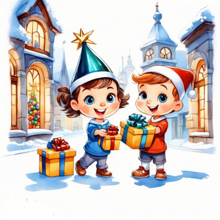children with gifts color cartoon illustration generative AI software.の素材