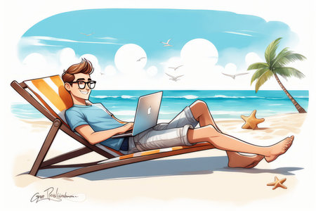 person with laptop on the beach created with generative AI software.の素材