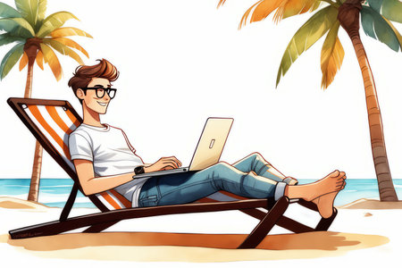 person with laptop on the beach created with generative AI software.の素材