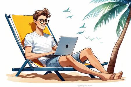 person with laptop on the beach created with generative AI software.の素材