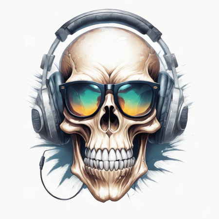 skull dj in the form of skull with headphones created with generative AI software.の素材
