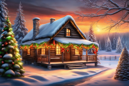 winter landscape in the mountains christmas street created with generative AI software.の素材