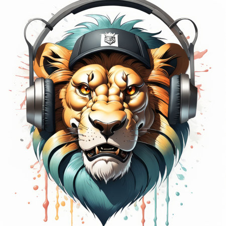 lion with a headphone t-shirt illustration created with generative AI software.の素材