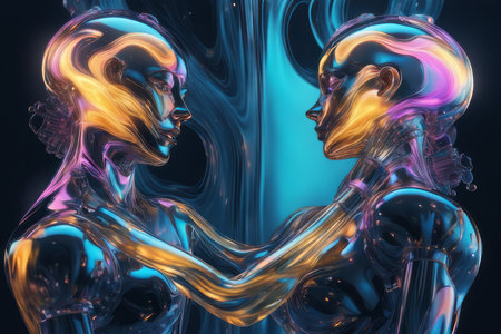 portrait of a cyborg woman with abstract future art created with generative AI softwareの素材