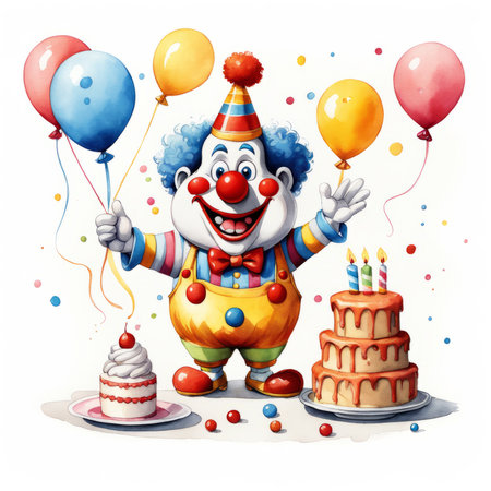 clown with birthday cake with candles created with generative AI softwareの素材