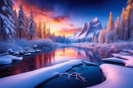 winter sunset in the mountains with snow created with generative AI softwareの素材