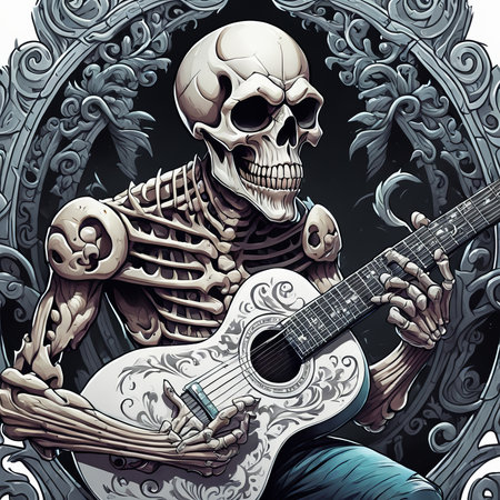 skull rock star with guitar color t-shirt art created with generative AI softwareの素材