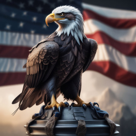 american bald eagle with flag usa created with generative AI softwareの素材