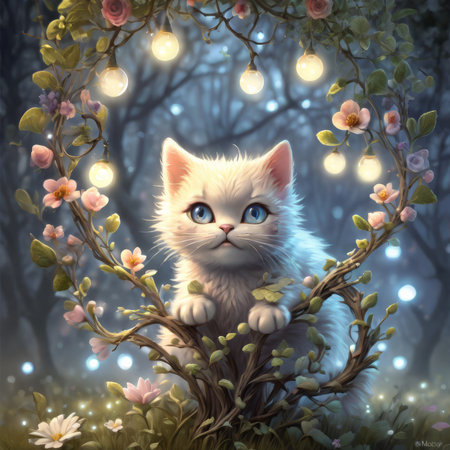cat in the tree color illustration created with generative AI softwareの素材