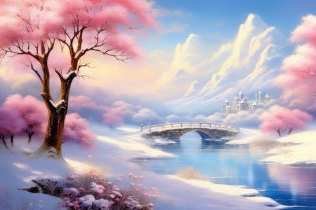 winter sunset over the river created with generative AI software.の素材