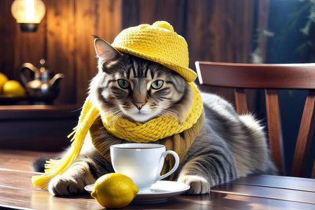 cat with cup of tea created with generative AI softwareの素材