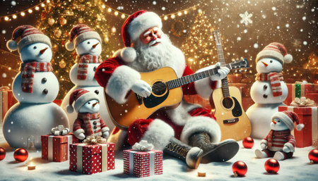 santa clausand snowmans play on guitar in rock year party content created with generative AI softwareの素材