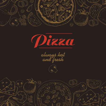 Horizontal background with pizza and various productsのイラスト素材