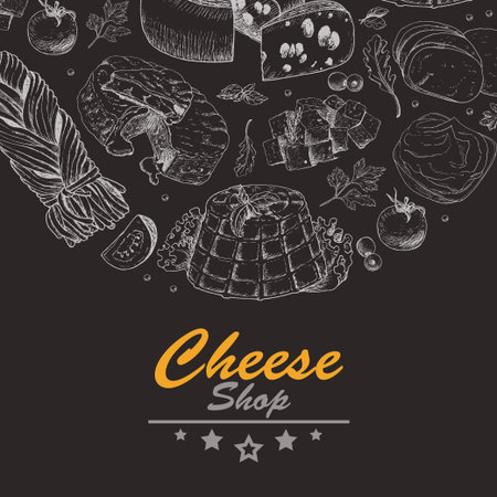 Horizontal background with cheese products. Vector illustration for your designのイラスト素材