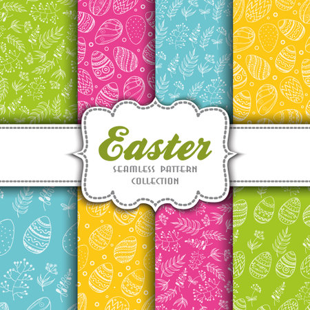 Set of seamless easter patterns with eggs and sprigs. Vector illustration for your designのイラスト素材