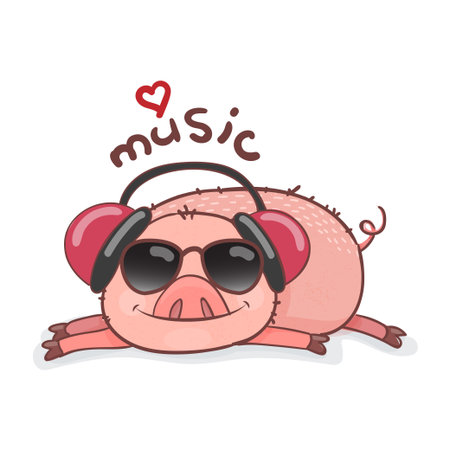 Funny Piggy symbol 2019 new year in doodle style. A little piggy lies and listens to music. Vector illustration for your designのイラスト素材