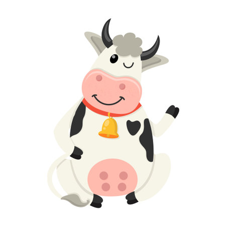 Cute cow sits and waves her hand. Set of cute Cows character in various poses. Vector illustration for your designのイラスト素材