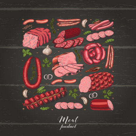 Isolated square with different color meat products in sketch style. Vector illustration for your designのイラスト素材