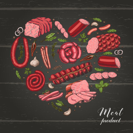 Isolated heart with different color meat products in sketch style. Vector illustration for your designのイラスト素材
