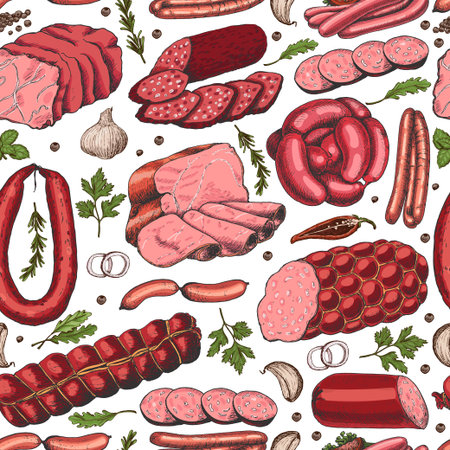 Vector seamless pattern with different color meat products in sketch style. Sausages, ham, bacon, lard, salami. Vector illustration for your designのイラスト素材