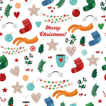 Vector seamless pattern with Christmas items: sock, scarf, cup, cookie, ball, garland, branch, leafのイラスト素材