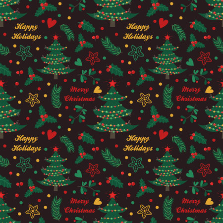 Seamless pattern with spruce, berries, leaves and twigs on black background. Vector illustration for your designのイラスト素材