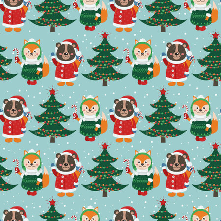 Seamless pattern with forest animals and Christmas items. Vector illustration for your designのイラスト素材
