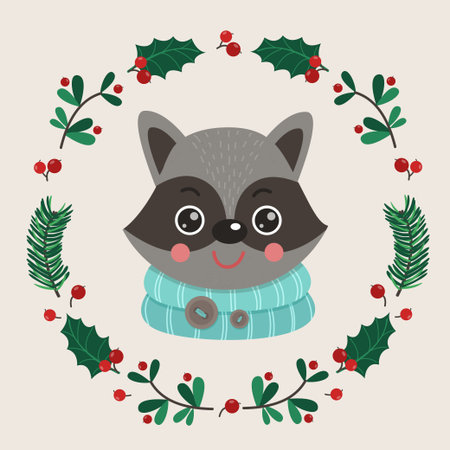 The face of cute raccoon with a wreath of leaves and twigsのイラスト素材