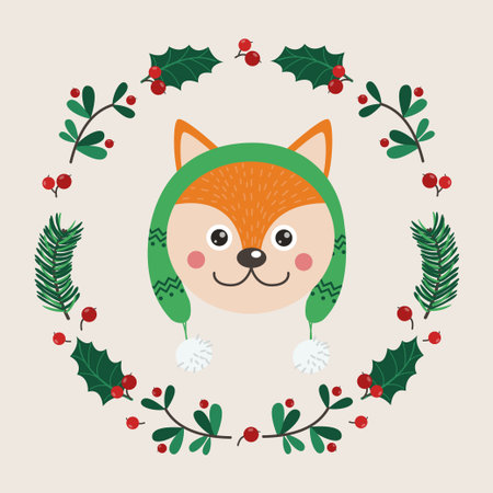 The face of cute fox with a wreath of leaves and twigs. Vector illustration for your designのイラスト素材