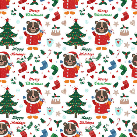 Seamless pattern with bear and Christmas itemsのイラスト素材