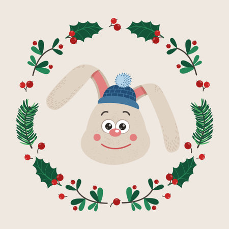 The face of cute rabbit with a wreath of leaves and twigs. Vector illustration for your designのイラスト素材