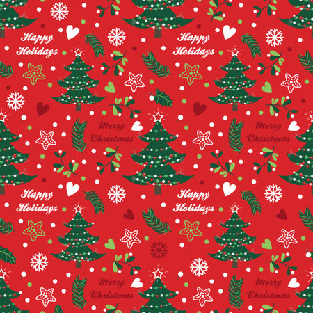 Seamless pattern with spruce, berries, leaves and twigs on red background. Vector illustration for your designのイラスト素材
